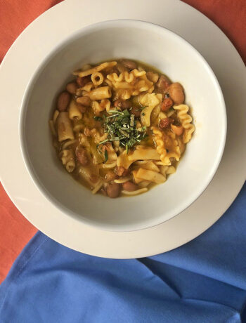 pasta e fagioli served in a white dish